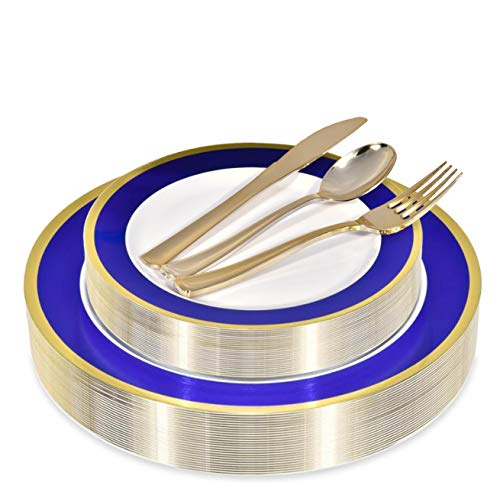 125-Piece White, Blue, and Gold Fancy Plastic Plates Disposable with Silverware, Elegant Dinnerware for Weddings, Holiday Party China, Set of 25 Dinner + Salad Plates, 25 Spoons, 25 Forks, 25 Knives - color: Blue & Gold Rim