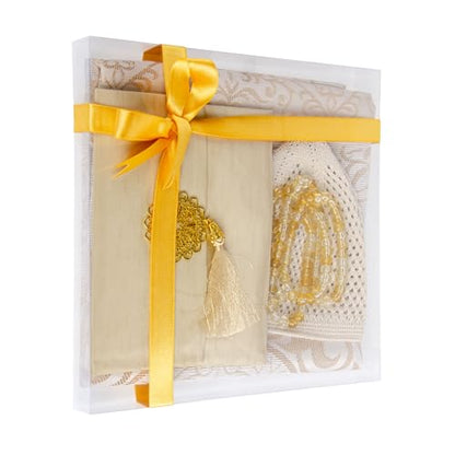 Islamic Prayer Gift Set for Men – Velvet Prayer Mat, Tasbih Beads, Yaseen Book – Muslim Prayer Essentials – Ramadan Eid Gift - color: Beige