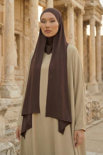 Aisha's Design Neck-Covering Practical Jersey Hijab with Built-In Ninja Bonnet - color: Brown