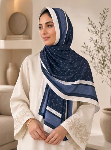 Satin Hijab Scarf for Women, Silk-Feeling Muslim Headscarf, Digital Bow Letter Print Head Wrap Shawl for Summer - color: Mlp004-navyblue