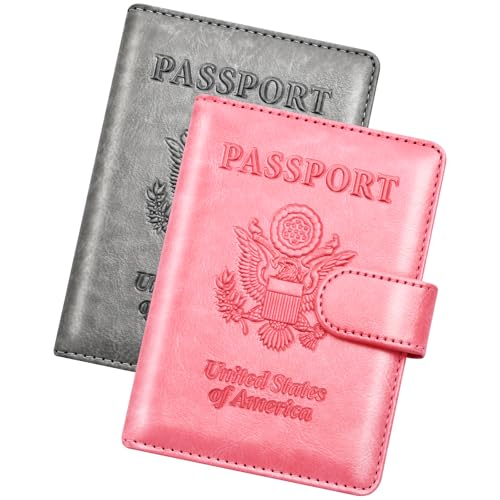 Herain Passport Holder for Travel Essentials, 2 Pcs Passport Cover Wallet Case Travel Gifts Women Men Family, RFID Passports Book Card Holders Travels Cruise Accessories Must Haves - color: B-Dark Gray + Bright Pink, style: Upgraded