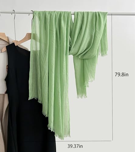 Solid color cotton and linen scarf, wrinkled all season versatile long sunscreen fashionable shawl - color: Light Emerald Green