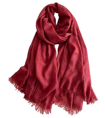 Solid color cotton and linen scarf, wrinkled all season versatile long sunscreen fashionable shawl - color: Light Jujube Red