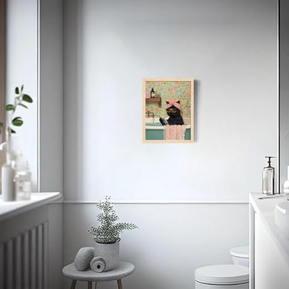 ICHZUMW Framed Funny Black Cat in Bathtub Canvas Bathroom Wall Art 8x10 In - color: Spa Kitty, size: 10"L x 8"W