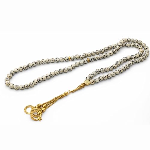 Amazing Gemstone Crystal Tasbeeh with Moon and Star Charm - Certified Crystal Muslim Prayer Beads Natural Gemstone Tasbih Gift for Ramadan Dhikr and Daily Namaz (G) - color: Dalmatian Jasper