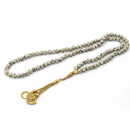Amazing Gemstone Crystal Tasbeeh with Moon and Star Charm - Certified Crystal Muslim Prayer Beads Natural Gemstone Tasbih Gift for Ramadan Dhikr and Daily Namaz (G) - color: Dalmatian Jasper