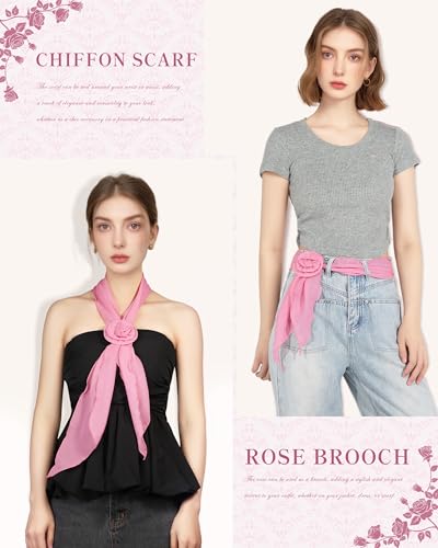 Chiffon Scarf for Women, Removable Flower Neck Scarf Light Soft Fashion Rose Scarves Versatile Headband or Hair Band - color: Pink