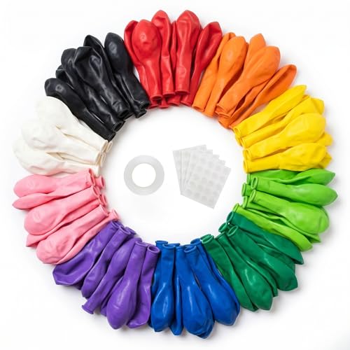 50pcs Assorted Rainbow Latex Balloons, 12 Inch Round Helium Quality Multicolor Balloons for Birthday Wedding Baby Shower Carnival Party Decorations (Ribbon & Adhesive Dot) - color: Rainbow