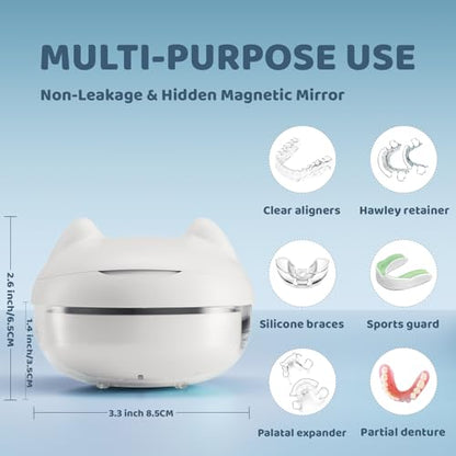 Retainer Case Denture Bath Case Basket Mirror Leak-proof White Cat | 2-in-1 design Strainer Basket No-Leak Cleaning Case for Mouth Guard Cute Removal Tool,Aligner chewies,Bursh - color: White Cat