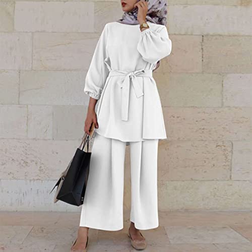 IWEMEK Abayas for Women Muslim Long Sleeve Loose Top Pants 2 Pcs Eid Ramadan Outfits Casual Islamic Muslim Clothes with Belt - color: White, size: XX-Large