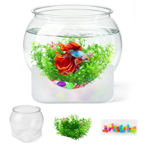 Plastic Fish Bowl Beta Fish Aquariums Scratch-Resistant and Shatterproof Mini Desktop Hydroponic Goldfish Tank (0.92Gallon/ 3.5L)