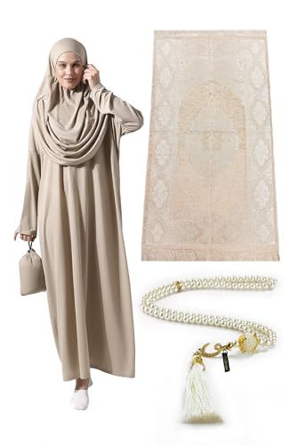 ihvan online Muslim Dresses for Women, One-Piece Prayer Dress & Prayer Rug & Beads, Islamic Gift Set for Eid Ramadan - color: Mink, size: XS-XXL