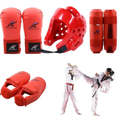 Karate Sparring Gear Set Includes 1 Helmet 1 Pair Gloves & Pair Leg Guard, Protective Polyester for Taekwondo Biking Red M