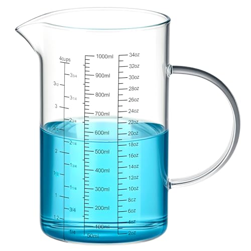QWORK 34OZ/1000ML Glass Measuring Cup (Ml/Oz/Cup), 4 Cups Multi-Purpose Kitchen Tool with V-Shaped Spout & Handle