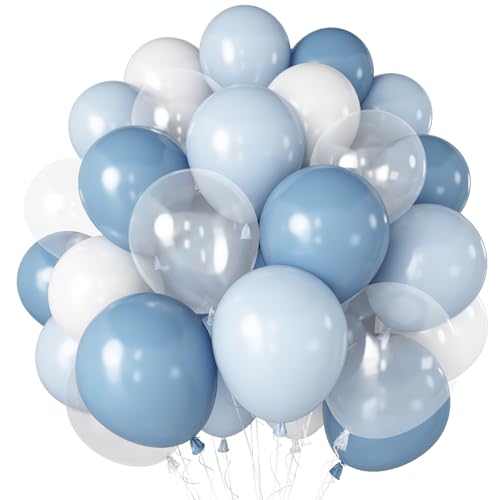 Dusty Blue Balloon, 12 inch Blue White Clear Balloon, Light Blue Macaron Blue Matte White Balloons with Transparent Balloons for Birthday Party Wedding Baby Shower Blue Bride to Be Decorations - color: Blue White