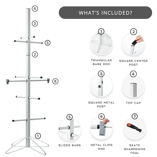 Ceaz Hockey Gear Drying Rack - Metal Tree Dryer Stand for Hockey Equipment - Organizer to Dry and Store Sports Gear - Includes Skate Sharpening Tool and 6 Hanging Clips