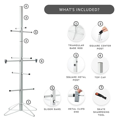 Ceaz Hockey Gear Drying Rack - Metal Tree Dryer Stand for Hockey Equipment - Organizer to Dry and Store Sports Gear - Includes Skate Sharpening Tool and 6 Hanging Clips