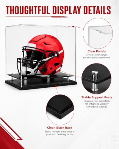 Football Helmet Display Case Full Size, Clear Acrylic Case with Black Base | Full size helmet display case for football, baseball or motorcycle helmets, clear acrylic, black base, self-assembly design. - size: Football Helmet Display Case