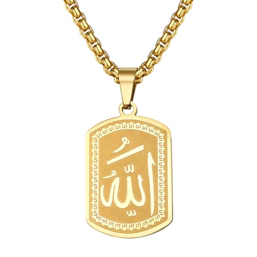 OIDEA Allah Necklace for Men: 18K Gold Plated Stainless Steel Dog Tag Pendant Necklace Islamic Muslim Jewelry Gifts - color: a-gold