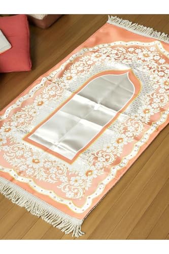 SODEF Prayer Rug with Lining - Floral Pattern Cotton - 100 x 70 cm - Appropriate for Gifts, Dowry, Spiritual Occasions - Orange, 39x28 inch