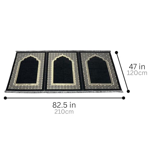 Muslim Thin Chenille Islamic Prayer Mat - Selcuk Star 3 Person (Black) - color: Black