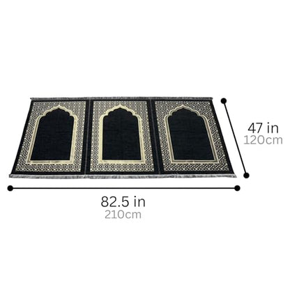 Muslim Thin Chenille Islamic Prayer Mat - Selcuk Star 3 Person (Black) - color: Black