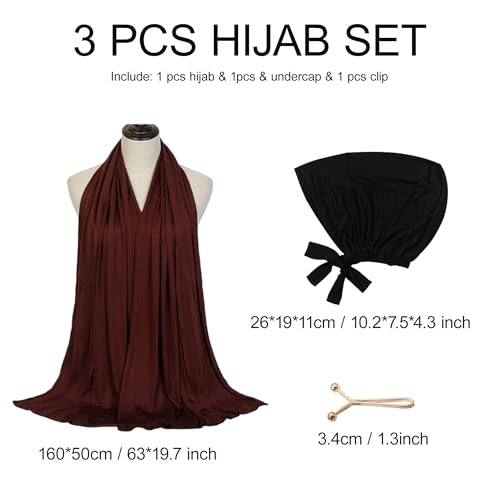 Hijab Scarf for Women, 3PCS Set with Undercap and Hijab Clip Lightweight Modal Muslim Head Wrap Scarf for Daily - color: Sy10-coffee Hijab+black Undercap