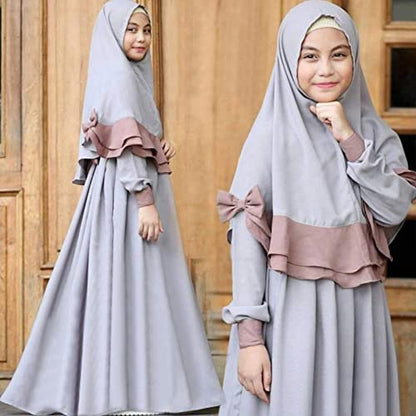 Toddler Girls Muslim Dress Abaya with Hijab Prayer Clothes Arab Solid Islamic Robe Kids Ramadan Long Skirt LDS Temple Dresses - color: A-grey, size: 5-6 Years