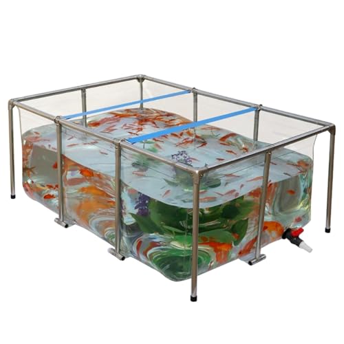 PVC Plastic Koi Fish Pond - Transparent Foldable Outdoor Aquarium Ornamental Large Fish Tank with Stainless Steel Frame - Above Ground Pond with Drain Valve Rectangular Pool(59.0"x39.3"x23.6") - size: 59.0"x39.3"x23.6"