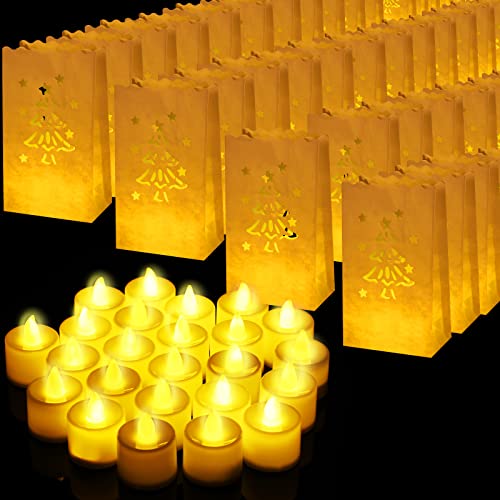 Sabary 50 Sets Luminary Bags with Flameless Tea Lights Outdoor Luminaries LED Lantern Candle Bags for Wedding Birthday Ramadan Christmas Party Decorations Romantic Decor(Xmas Tree) - style: Xmas Tree