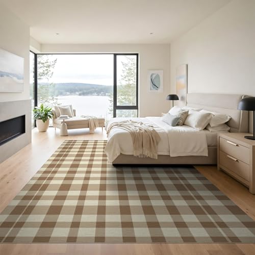 9'x12' Washable Flatwoven Rug, Cream Farmhouse Plaid Stain Resistant Massive Carpet for Dining Room, Basement, Large Office, Non-Slip Chair-Friendly Mat | Ref:1910428 - color: Beige/Pattern 29, size: 9' x 12' (Rectangular)