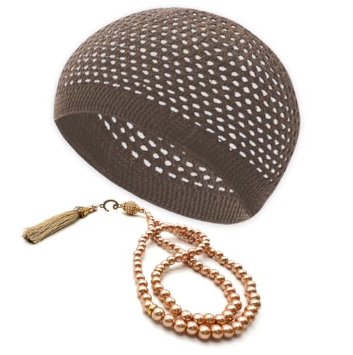 ESERRA Kufi Hats for Men and Women with 99 Tasbih Prayer Beads, Muslim Thick Breathable Skull Cap, Tasbeeh, Prayer Cap - color: Beige