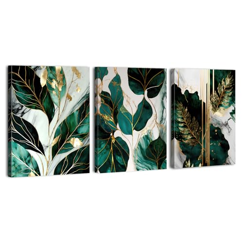 Green Botanical Wall Art Green and Gold Wall Decor Absrtact Plant Pictures Boho Tropical Leaf Canvas Posters Modern Marble Prints Painting Artwork for Living Room Batnroom Home Decorations 12x16" 3Pcs - color: Leaf Marble, size: 16"L x 12"W