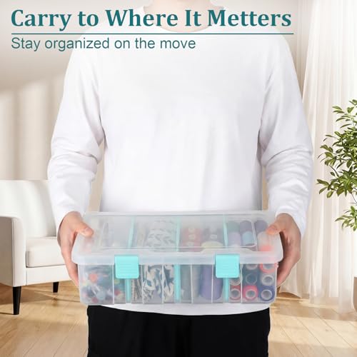 BTSKY Clear Plastic Dividing Storage Box with 4 Compartments Adjustable Storage Bin with Lid Plastic Craft Storage Container Multipurpose Sewing Box Art Supply Organizer, 13.3x8.1x3.4 Inches | 13.3x8.1x3.4 Inches Adjustable Storage Bin with Lid Plastic Cr
