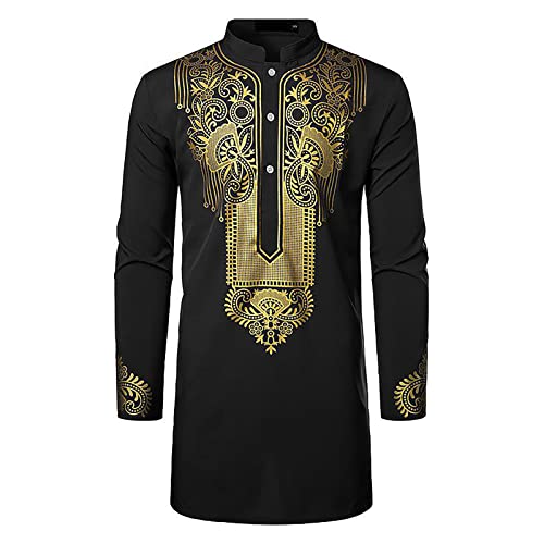 Kurta for Men Muslim Kaftan Button Up Henley Shirts Casual Ethnic Printed Long Sleeve Thobe Caftans Robes - color: Black, size: Large