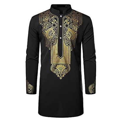 Kurta for Men Muslim Kaftan Button Up Henley Shirts Casual Ethnic Printed Long Sleeve Thobe Caftans Robes - color: Black, size: Large