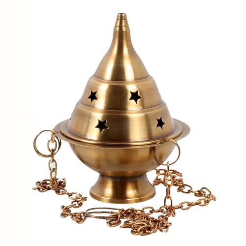 Brass Hanging Incense Burner Censer for Charcoal & Resin, Antique Brass Incense Holder with Chain, 4.5 Inch High - color: Antique