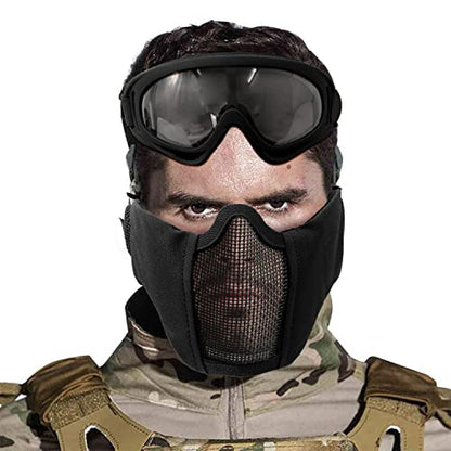 Airsoft Mask with Goggles, Foldable Half Face Airsoft Mesh Mask with Ear Protection for Paintball Shooting Cosplay CS Game - color: Black-3pcs, size: 3pcs