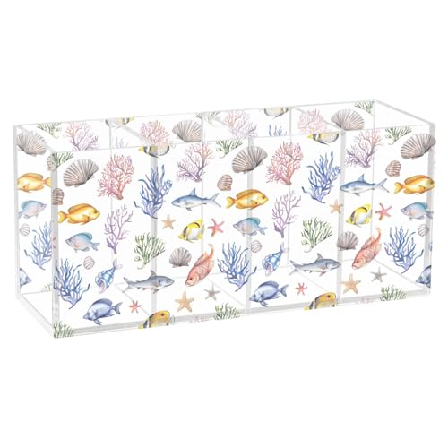 Aquarium Fish Acrylic Pen Holder 4 Compartments Pencil Organizer and Storage Makeup Brush Holder for Home Bedroom School Office Storage