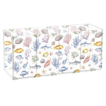 Aquarium Fish Acrylic Pen Holder 4 Compartments Pencil Organizer and Storage Makeup Brush Holder for Home Bedroom School Office Storage