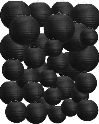 Treela 48 Pcs Paper Lanterns Party Decorations Chinese Lanterns Round Paper Decor 4/6/8/10 Inch Asian Hanging Lamps Decorative for Graduate Wedding Birthday Bridal Party Supplies(Black) - color: Black