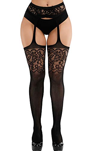 E-Laurels Womens High Waist Patterned Fishnet Tights Suspenders Pantyhose Thigh High Stockings Black - color: Black A1
