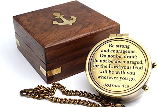 Be Strong and Courageous Engraved Brass Compass - Vintage Brass Compass with Engraved Verse Joshua 1:9 - Pocket Compass with Chain & Wooden Box | Christian Gift for Men, Father, Graduation, Baptism