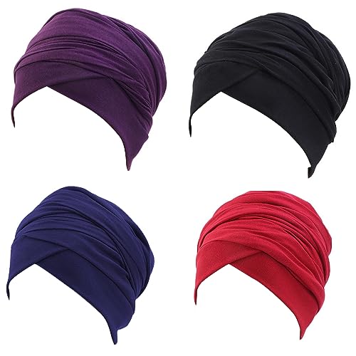 Turban Head Wrap Scarf,African Women' Soft Long Scarf Shawl Hair Bohemian Headwrap Stretch Headband Tie - color: Set 1-black+wind Red+purple+navy