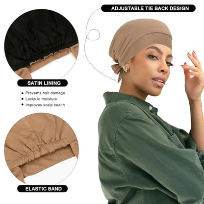 XEPST 2 PCS Hijab Undercap for Women, Islamic Muslim Under Hijab Cap Satin Lined Undercap Tie Back Bonnet Inner Head Scarf Head Wraps Hair Turbans for Women Chemo Headwear Sleep Cap, Black+Khaki