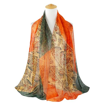 E-Clover Women Soft Floral Print Shawl Chiffon Sheer Scarf - color: Orange Green
