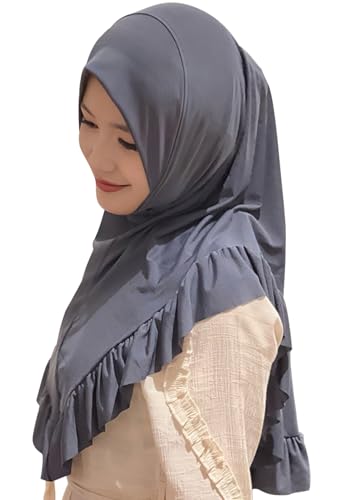 MioCloth Women One Piece Hijabs Elegant Ruffle Trim Soft Beanie Cap Turban Head Wrap Scarf Prayer Veils Headcover - color: Grey Blue