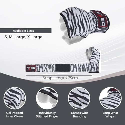 DEFY Padded Inner Gloves Quick 75cm Long Strap – Inner Boxing Gloves Gel Padded Knuckle Protection – Elasticated Boxing Hand Wraps for MMA Muay Thai Kickboxing Martial Arts Pair - color: Zebra, size: X-Large