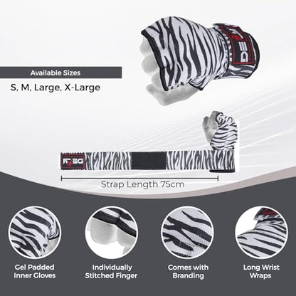 DEFY Padded Inner Gloves Quick 75cm Long Strap – Inner Boxing Gloves Gel Padded Knuckle Protection – Elasticated Boxing Hand Wraps for MMA Muay Thai Kickboxing Martial Arts Pair - color: Zebra, size: Large