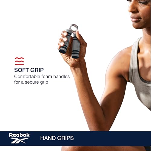 Reebok 2-Pack Hand Grips, Spring Coiled Wrist, Fingers & Forearm Strength Trainer with Soft Foam Handles, Improves Grip Strength, Resistance Hand Gripper for Manual Exercises & Rehab - color: Grey/Black